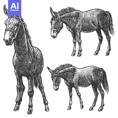 Three Black and White Drawings of Mules in Different Poses