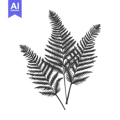 Three Black and White Fern Fronds on a White Background