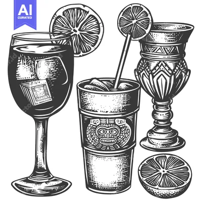 Three Black and White Hand-Drawn Cocktails with Citrus Garnishes