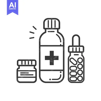 Three Black and White Line Drawings of Medicine Bottles