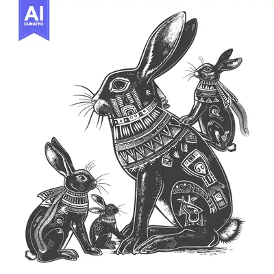 Premium design asset: Three Black and White Rabbits with Tribal Patterns