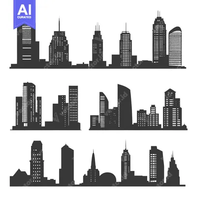 Aset desain premium: Three black and white silhouettes of different city skylines