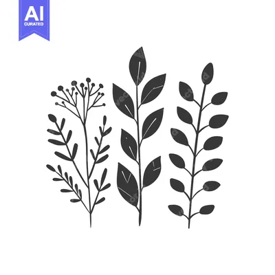 Premium design asset: Three Black and White Stylized Plant Branches