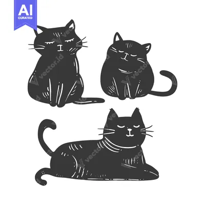 Three Black Cats in Different Poses with Closed Eyes