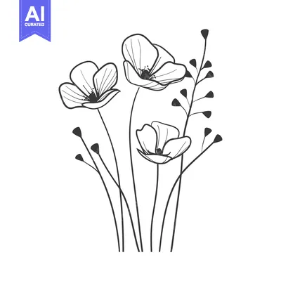 Three Black Line-Drawn Flowers with Stems and Leaves