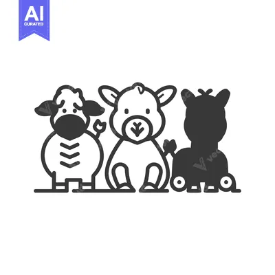 Three Cartoon Animals, Sheep, Cow, and Donkey, Sitting in a Row