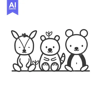 Three Cartoon Animals Sitting in a Row