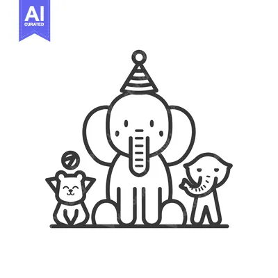 Aset desain premium: Three Cartoon Animals with Elephant Wearing a Party Hat