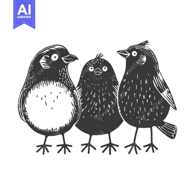 Three cartoon birds with different expressions standing together