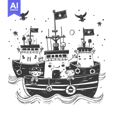 Aset premium populer: Three Cartoon Boats with Smiling Faces and Sailors