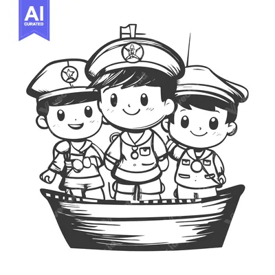 Three Cartoon Boys Dressed as Scouts in a Boat