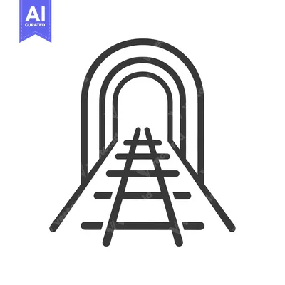 A black and white line drawing of a train track entering a tunnel