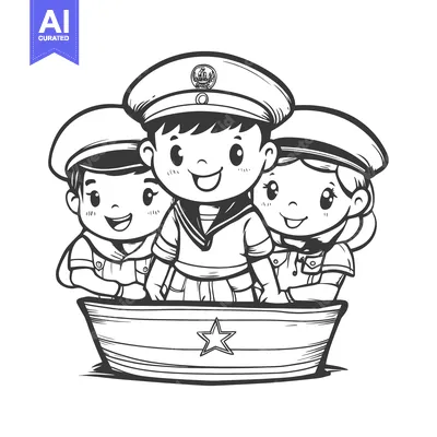 Three Cartoon Children Wearing Sailor Hats and Standing in a Boat