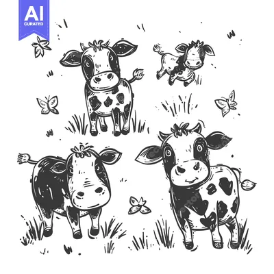 Three Cartoon Cows and Butterflies in a Field