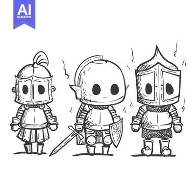 Aset desain premium: Three Cartoon Knights in Full Armor and with Swords