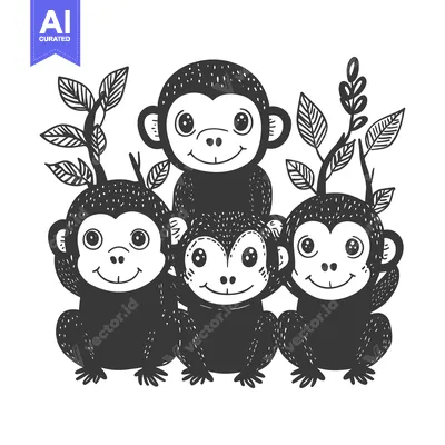 Aset premium populer: Three Cartoon Monkeys Smiling With Leaves Behind Them