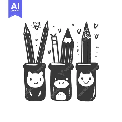 Aset desain premium: Three Cartoon Pencils in Cute Holders with Faces