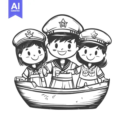 Three Cartoon Sailors in a Wooden Boat