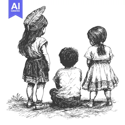 Three Children Facing Away From The Viewer, One With A Feather Headdre