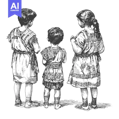 Premium design asset: Three Children in Traditional Clothing Standing Back to Back