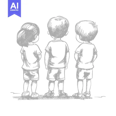 Three Children Standing Back to Back in a Sketch