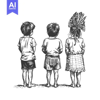 Three Children Standing Back to Back in Traditional Clothing