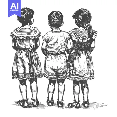 Aset desain premium: Three Children Standing Back to Back in Vintage Illustration