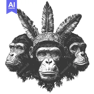 Three Chimpanzee Faces with Feathers and Headband