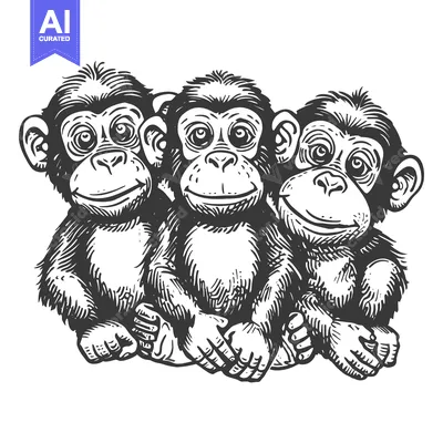 Three Chimpanzees Sitting Together in a Hand-Drawn Illustration