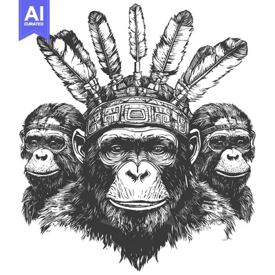 Aset desain premium: Three Chimpanzees Wearing a Feather Headdress and a Geometric Band