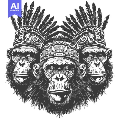 Aset premium populer: Three Chimpanzees Wearing Traditional Headwear with Feathers