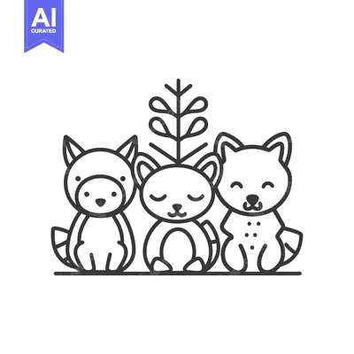 Three Cute Animals Sitting Together in Front of a Plant