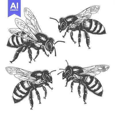 Aset desain premium: Three Detailed Black and White Bees In Flight