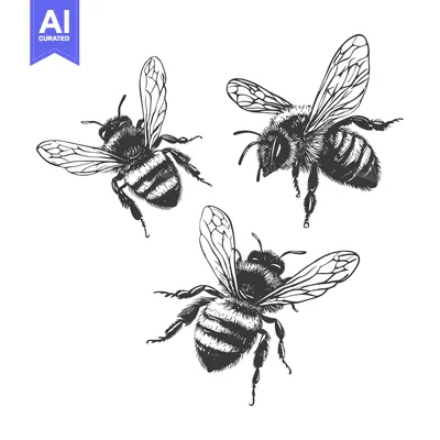 Three Detailed Black and White Bees in Flight