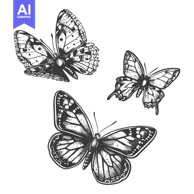 Three Detailed Black and White Butterflies in Flight