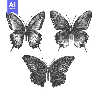 Three Detailed Black and White Butterflies with Spread Wings