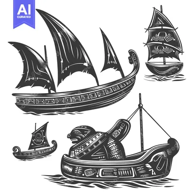 Three Detailed Black and White Illustrations of Ancient Ships