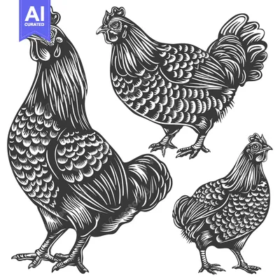 Three Detailed Black and White Illustrations of Chickens