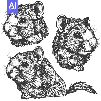 Aset premium populer: Three Detailed Drawings of a Gerbil in Black and White
