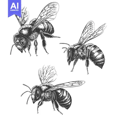 Three Detailed Hand-Drawn Bees in Flight