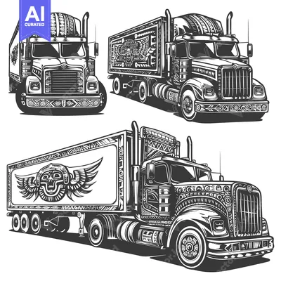 Three Detailed Illustrations of Black and White Semi-Trucks with Aztec