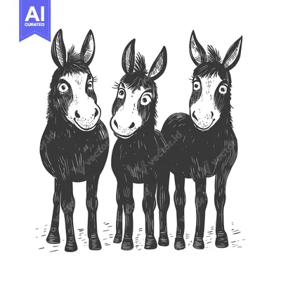 Three Donkeys Standing Together with Big Eyes