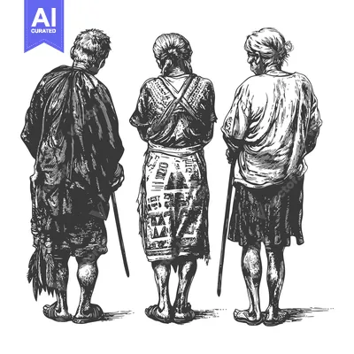Aset desain premium: Three Elderly People Standing Together in Traditional Clothing