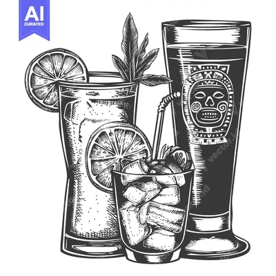 Three Engraved Glasses with Citrus, Ice, and a Tiki Mask