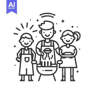 Three friends enjoying a barbecue with a grill and apron