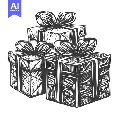 Three Gift Boxes with Bows in a Woodcut Style