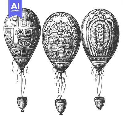 Three Hand-Drawn Balloons Decorated with Ancient Mayan Motifs