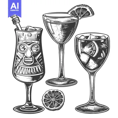 Aset premium populer: Three Hand-Drawn Glasses of Cocktails with Citrus Garnishes and Ice