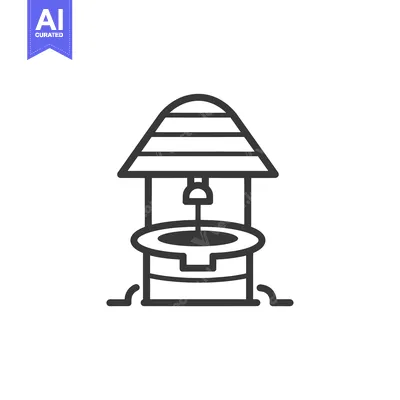 Aset desain premium: A Black and White Line Drawing of a Well with a Bucket and a Roof