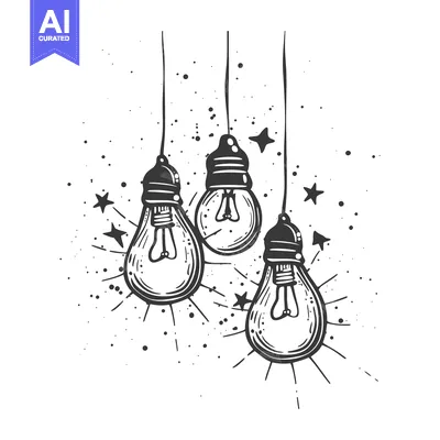 Three Hand-Drawn Light Bulbs Hanging with Stars and Splashes